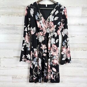 Pink Blush Floral Print Black & Pink‎ Dress Womens Medium Long Bell Sleeve Black